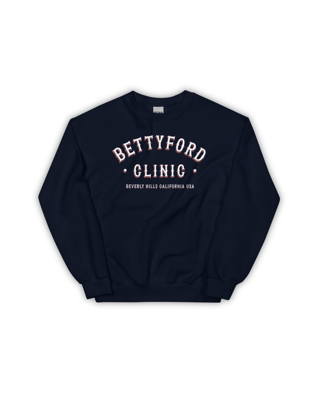 Betty Ford Clinic Sweater | Rehab Club Retro in navy, comfy style, perfect for fans of pop culture fashion.