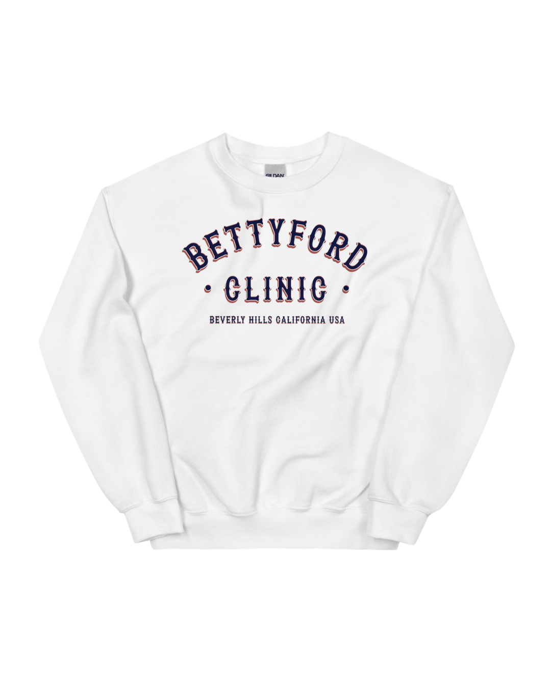Betty Ford Clinic Sweater | Rehab Club Retro displayed on a white pullover with Beverly Hills California USA lettering.
