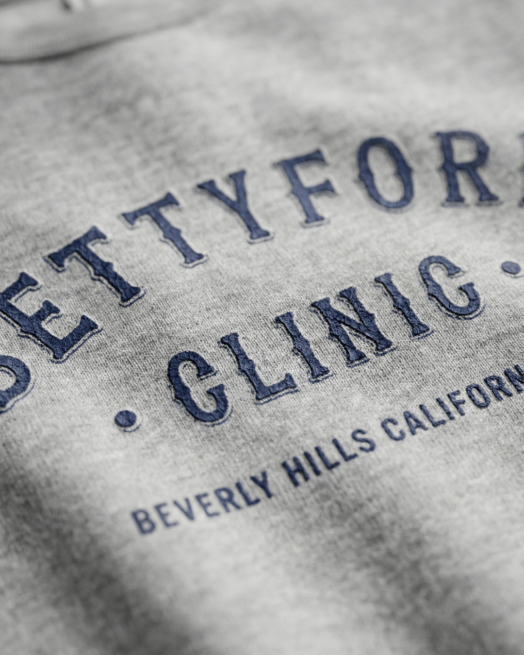 Close-up of BETTY FORD CLINIC HEAVY SWEATER showing collegiate print and Beverly Hills California detail.