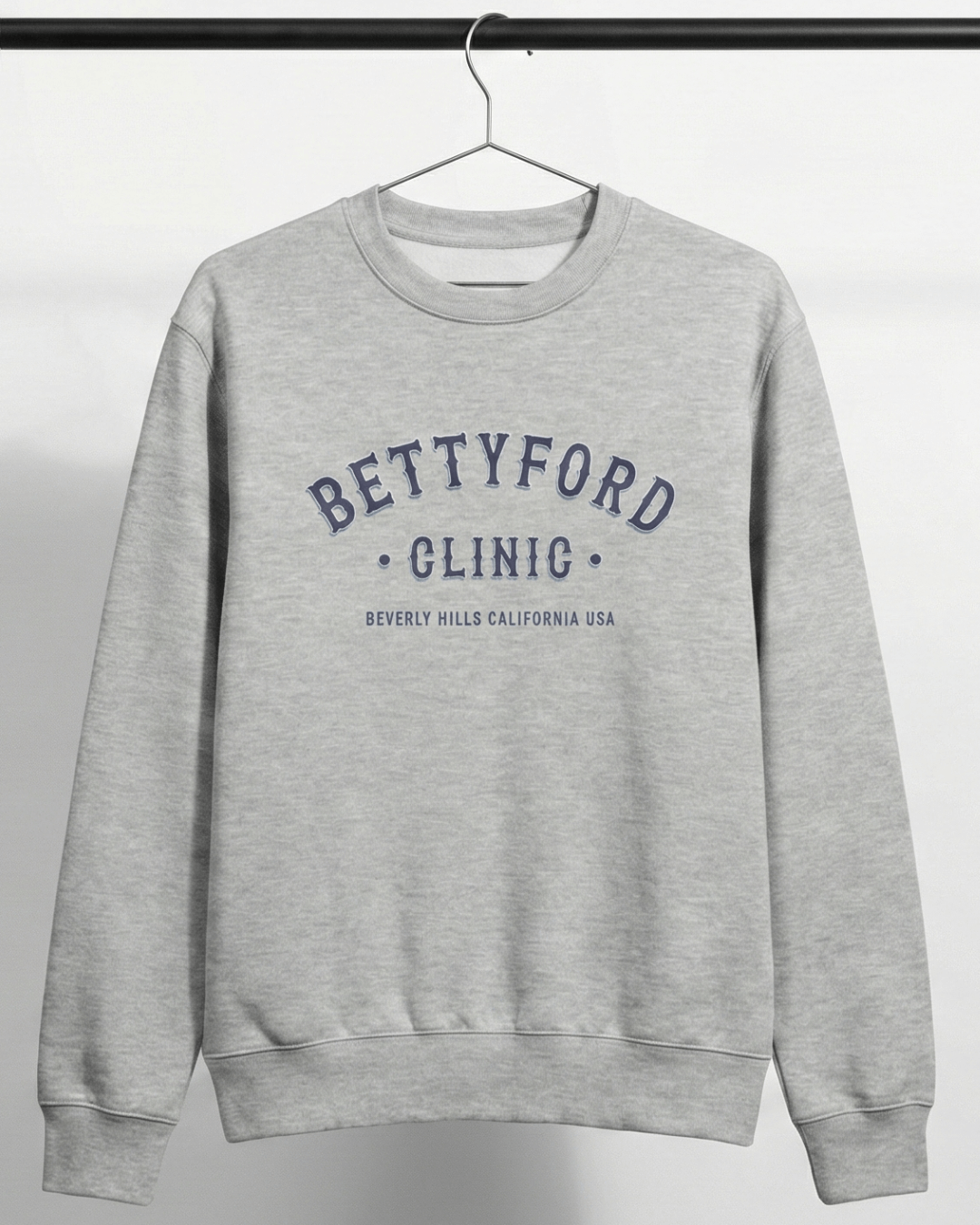 BETTY FORD CLINIC HEAVY SWEATER featuring a bold collegiate print in gray fabric.