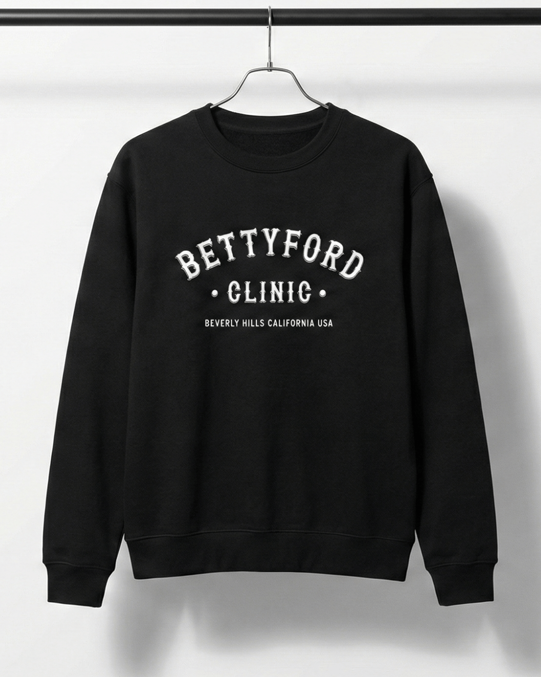 BETTY FORD CLINIC HEAVY SWEATER in black featuring vintage-inspired collegiate print.