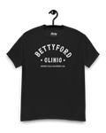 Black BETTY FORD CLINIC T-SHIRT | VARSITY TEAM on a hanger, showcasing classic college-style athletics.