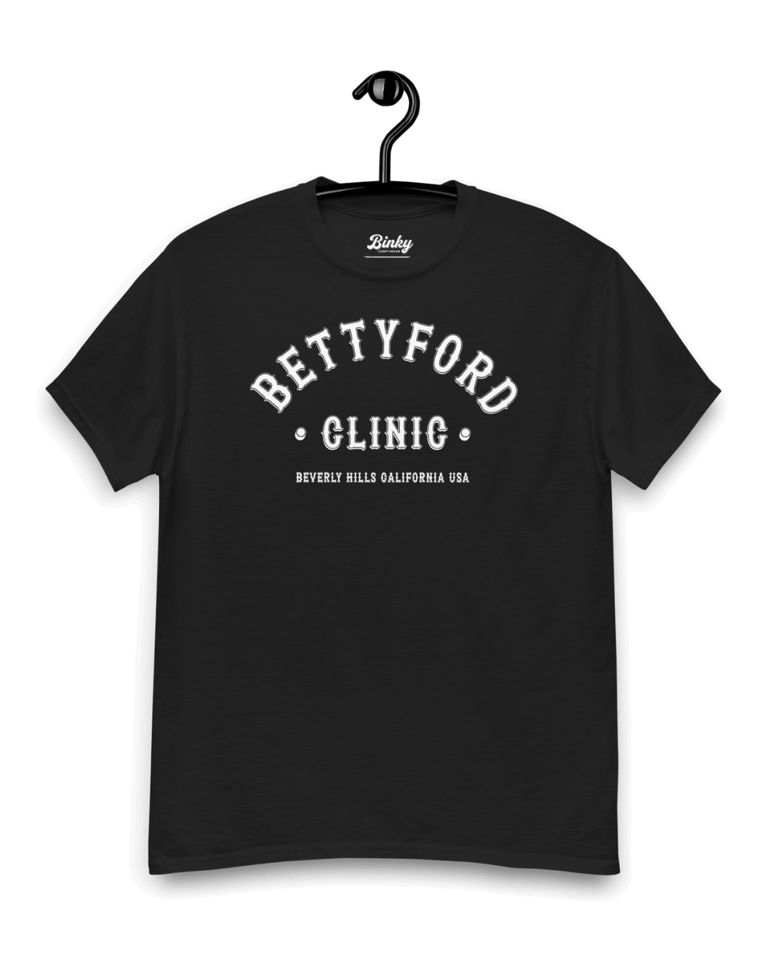 Black BETTY FORD CLINIC T-SHIRT | VARSITY TEAM on a hanger, showcasing classic college-style athletics.