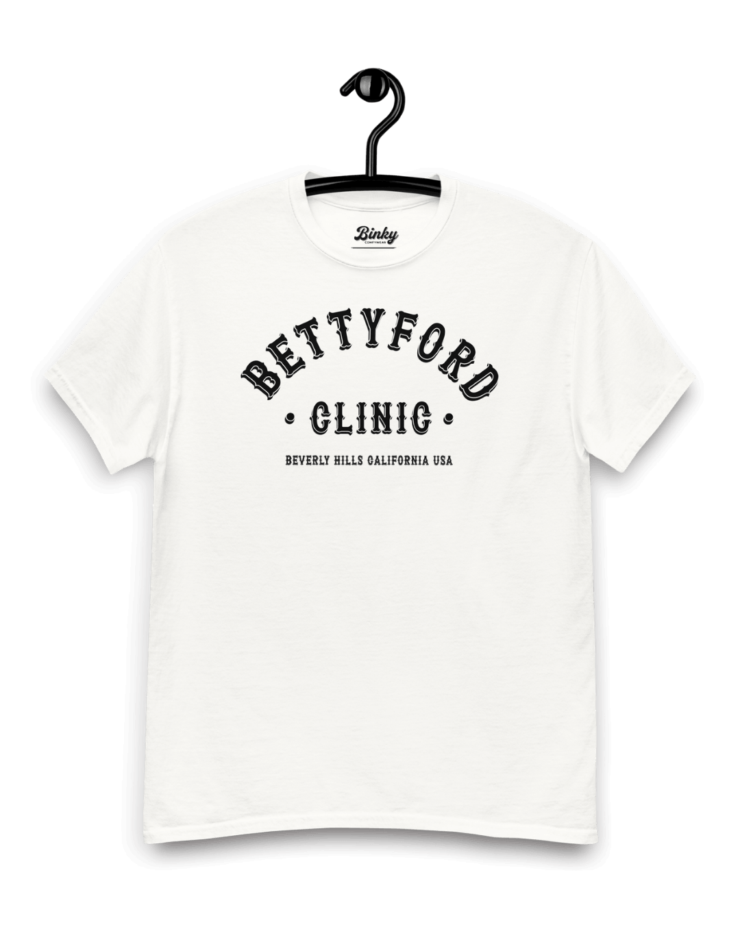 BETTY FORD CLINIC T-SHIRT | VARSITY TEAM design in white featuring bold black text and relaxed fit.