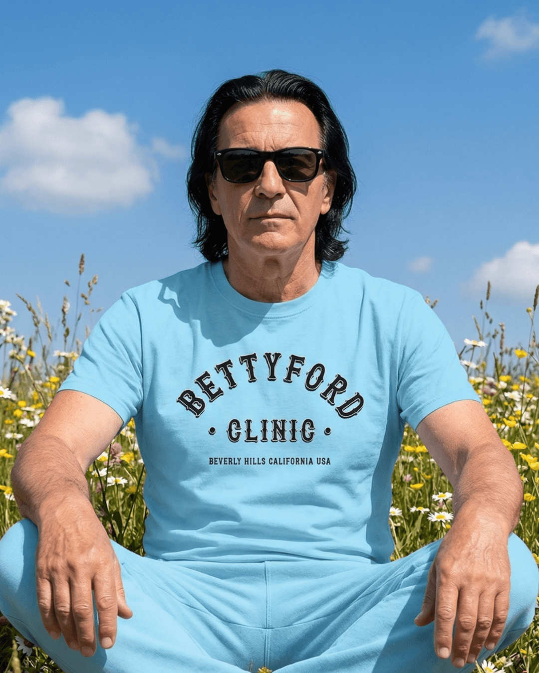 Betty Ford Clinic T-Shirt | Varsity Team showcasing stylish design in sunny outdoor setting.
