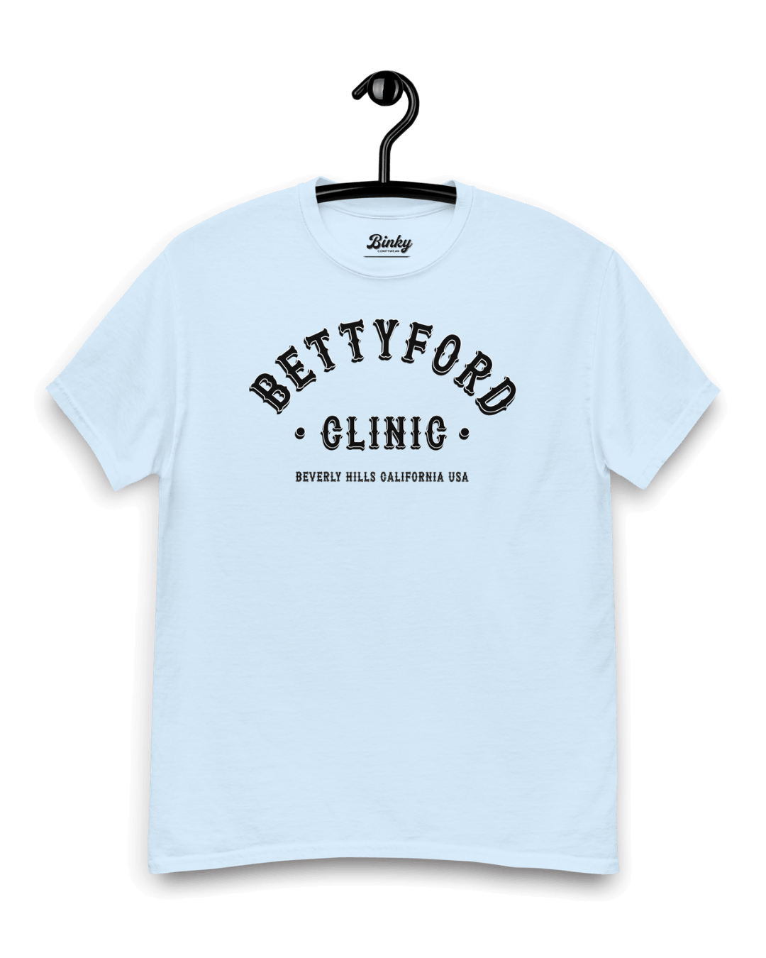 BETTY FORD CLINIC T-SHIRT | VARSITY TEAM on a hanger, featuring classic American college apparel style.