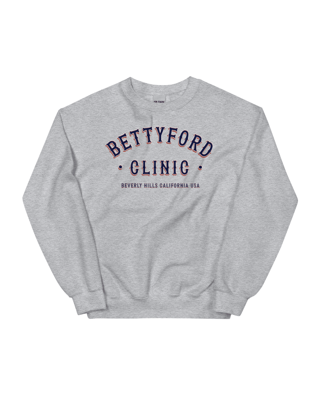 Betty Ford Clinic Sweater | Rehab Club Retro in gray featuring Beverly Hills California USA text.