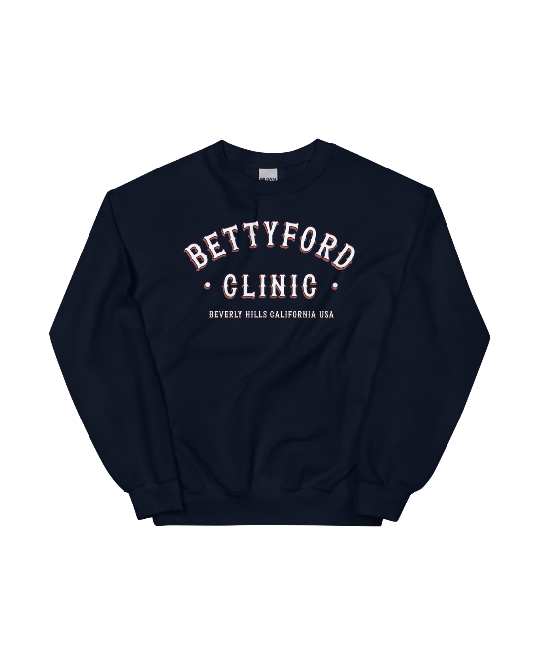 Betty Ford Clinic Sweater | Rehab Club Retro in navy blue with stylish lettering.