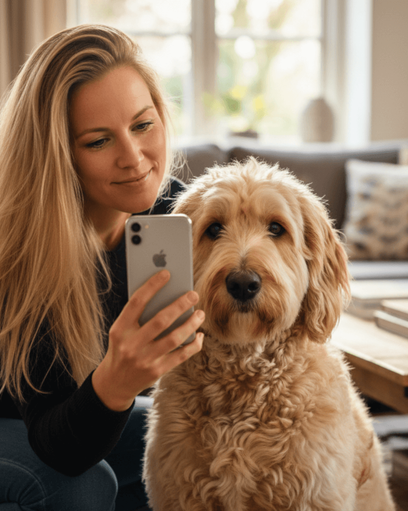 Woman with long hair sitting on a couch, looking at her phone beside a golden doodle dog.