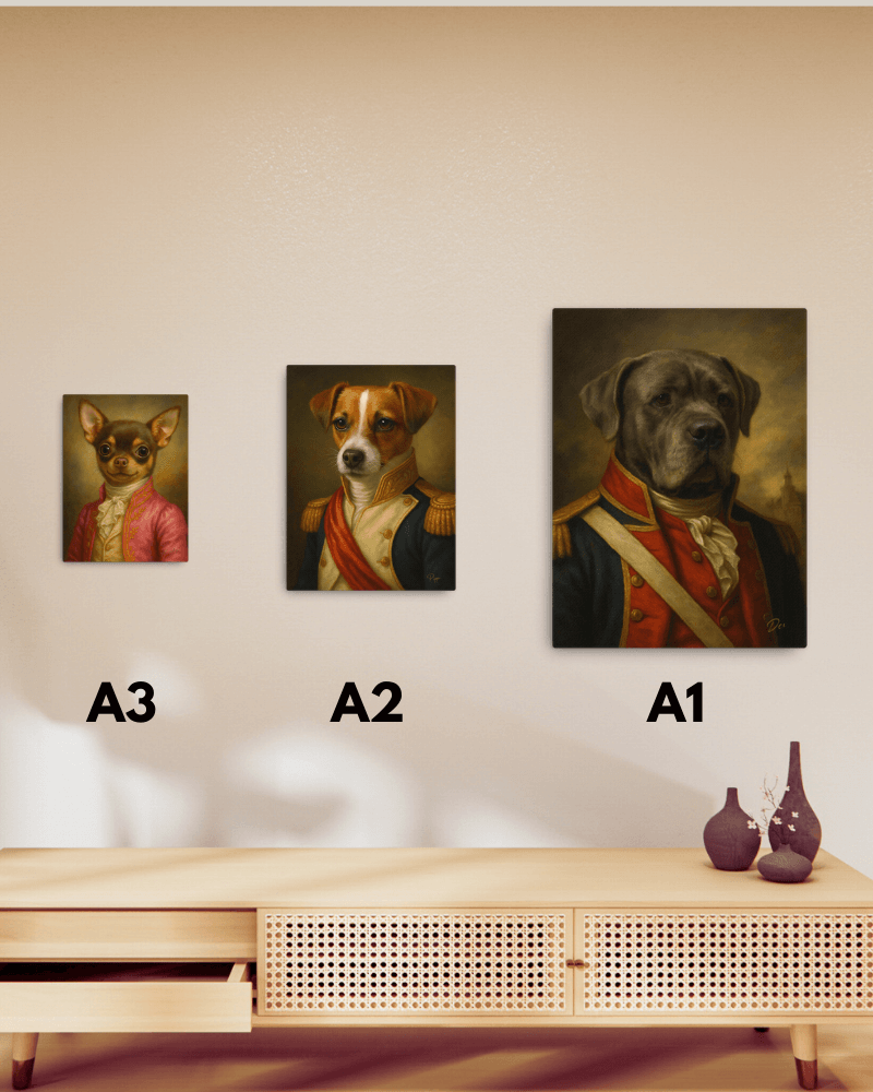 Three framed pet portraits of a Chihuahua, Beagle, and Great Dane displayed on a living room wall.