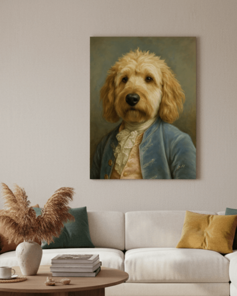 A regal golden doodle portrait in formal attire, displayed in a stylish living room setting.