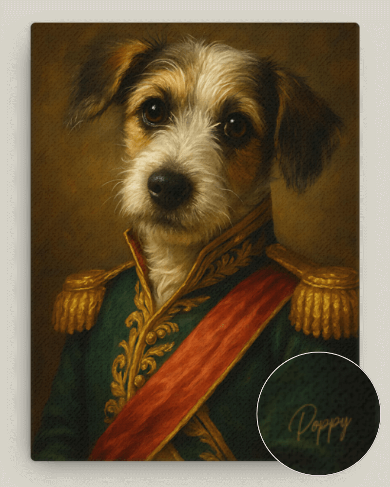 Dog portrait in military uniform, showcasing a charming, regal pup known as Poppy.