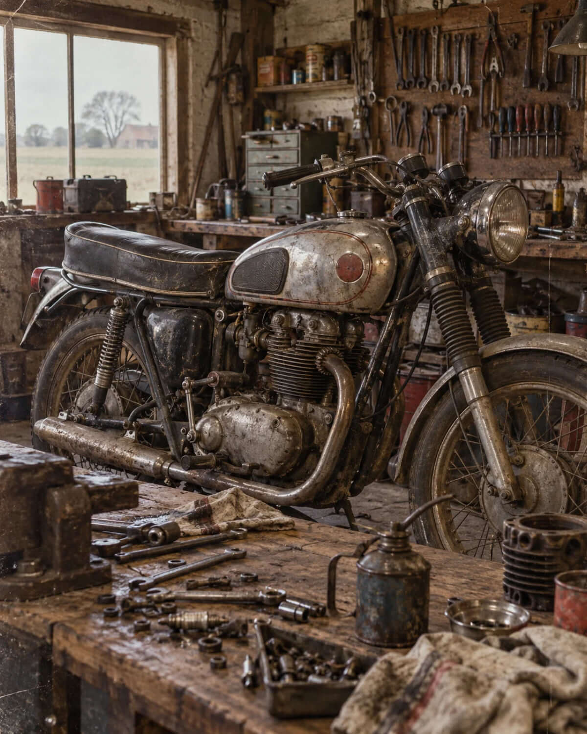 Workshop tools and the BSA motorcycle from Walter's early years