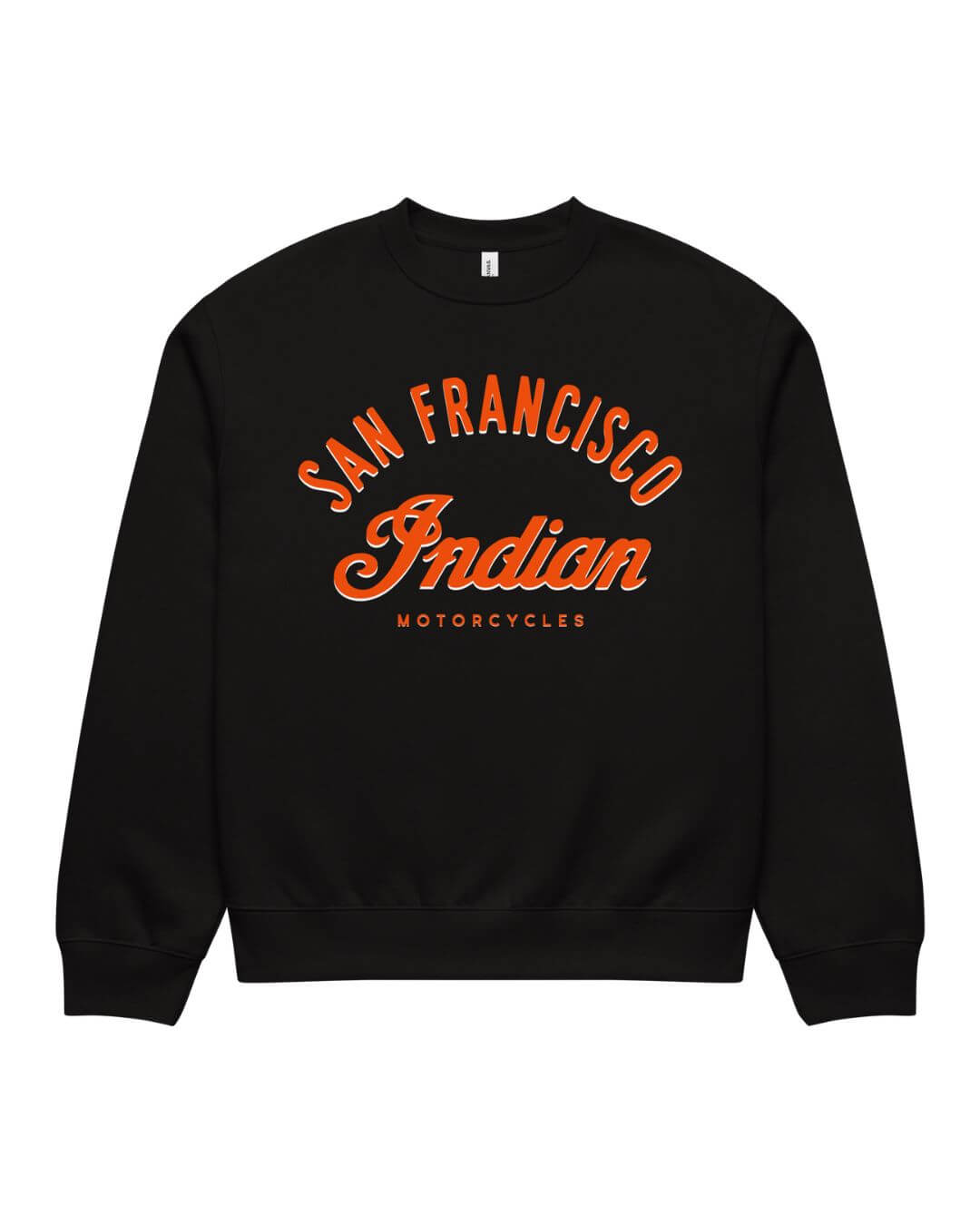 Black Bay Area Motorcycle Heavy Sweater with retro San Francisco motorcycle graphic on the front.