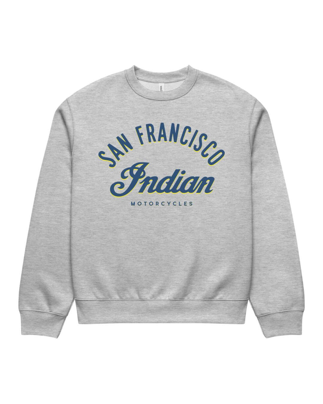 Athletic Heather Bay Area Motorcycle Heavy Sweater with retro San Francisco motorcycle graphic on the front.