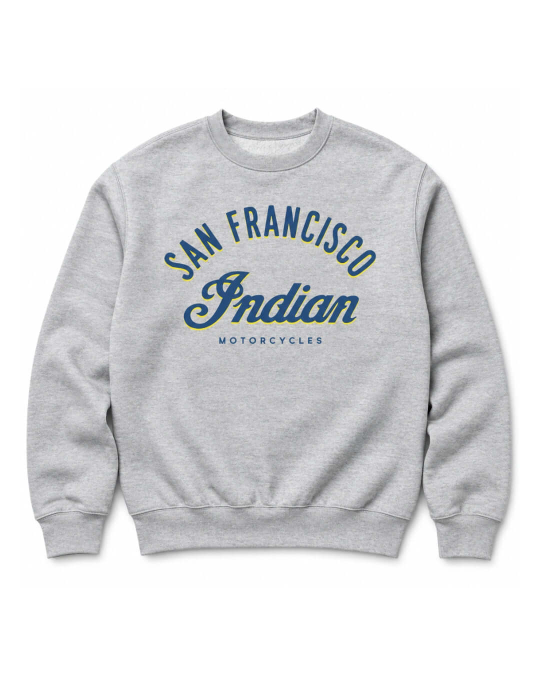 Athletic Heather Bay Area Motorcycle Heavy Sweater with retro San Francisco motorcycle graphic on the front.