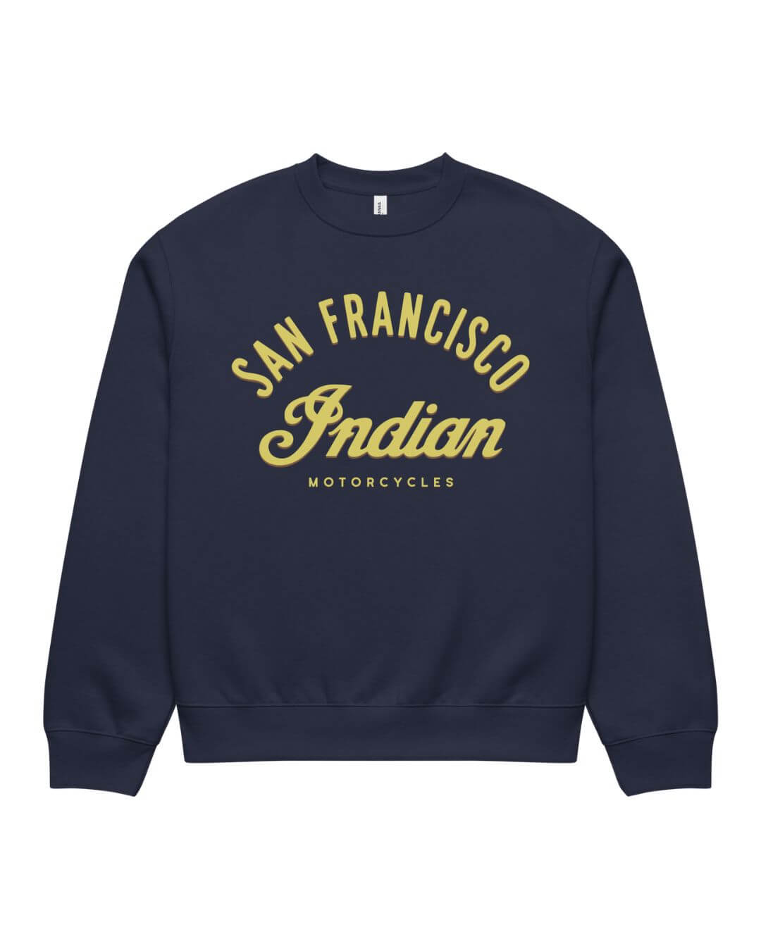 Navy Bay Area Motorcycle Heavy Sweater with retro San Francisco motorcycle graphic on the front.
