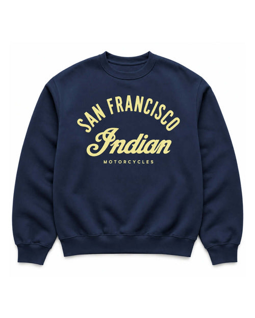 Navy Bay Area Motorcycle Heavy Sweater with retro San Francisco motorcycle graphic on the front.