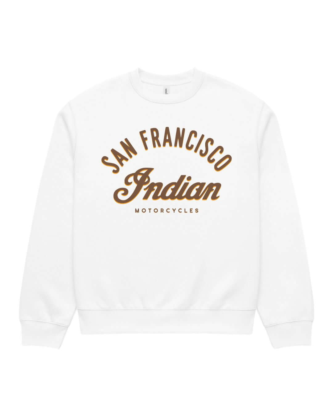 White Bay Area Motorcycle Heavy Sweater with retro San Francisco motorcycle graphic on the front.