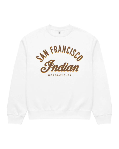 White Bay Area Motorcycle Heavy Sweater with retro San Francisco motorcycle graphic on the front.