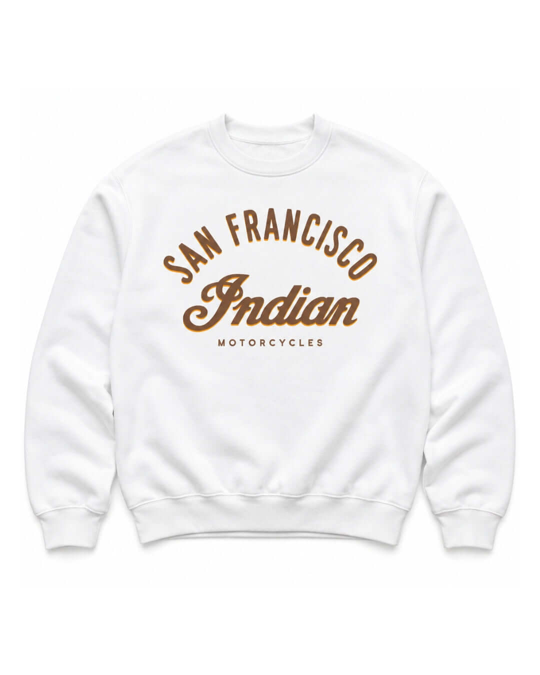 White Bay Area Motorcycle Heavy Sweater with retro San Francisco motorcycle graphic on the front.