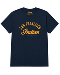 Bay Area Motorcycle T-Shirt | Road Club Classic in navy blue featuring 'San Francisco Indian Motorcycles' graphic.