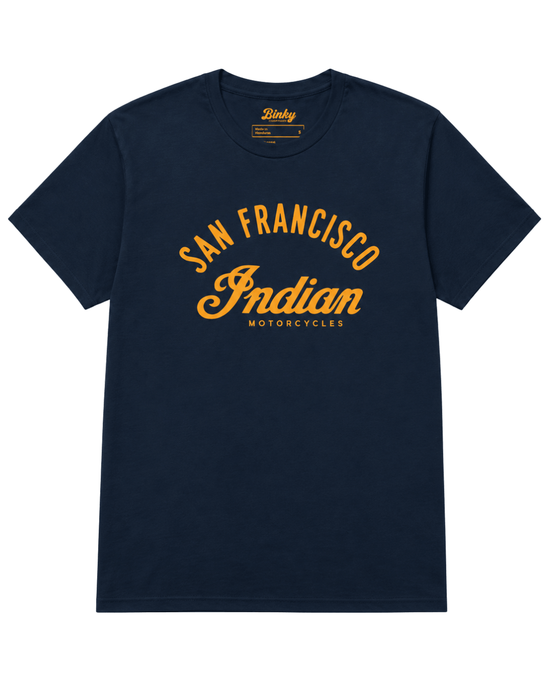 Bay Area Motorcycle T-Shirt | Road Club Classic in navy blue featuring 'San Francisco Indian Motorcycles' graphic.