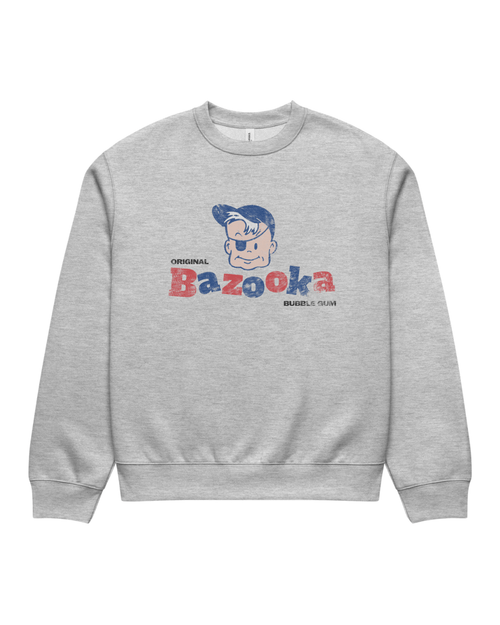 BINKY Bazooka Joe Club Heavy Sweater in Athletic Heather, front view with distressed red and blue Bazooka Joe graphic.
