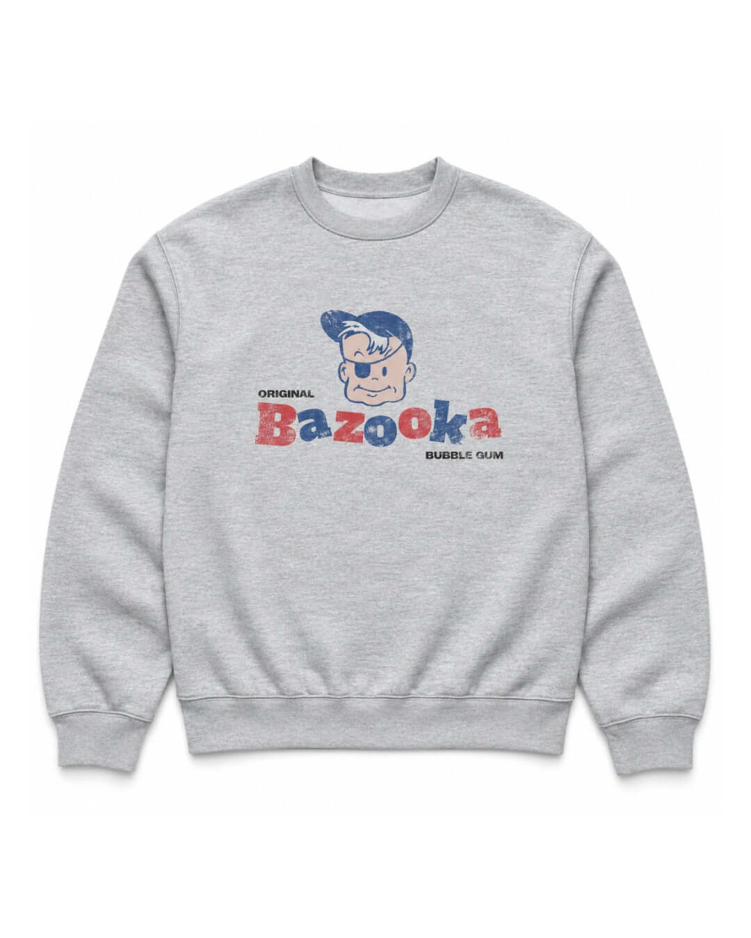 BINKY Bazooka Joe Club Heavy Sweater in Athletic Heather, front view with distressed red and blue Bazooka Joe graphic.