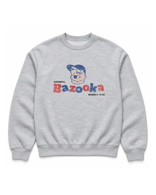 BINKY Bazooka Joe Club Heavy Sweater in Athletic Heather, front view with distressed red and blue Bazooka Joe graphic.