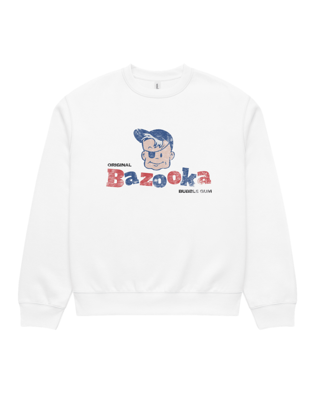 Front flat product image of the Bazooka Joe Club Heavy Sweater in White, showing an oversized crewneck sweatshirt with a distressed front print featuring Bazooka Joe’s face above bold red and blue Bazooka lettering, plus small black “ORIGINAL” and “BUBBLE