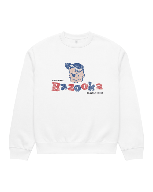 BINKY Bazooka Joe Club Heavy Sweater in White, front view with distressed red and blue Bazooka Joe graphic.
