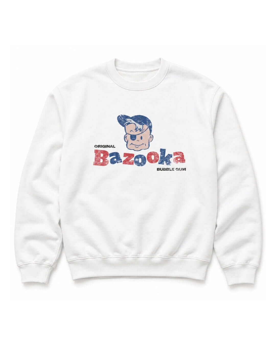 BINKY Bazooka Joe Club Heavy Sweater in White, front view with distressed red and blue Bazooka Joe graphic.