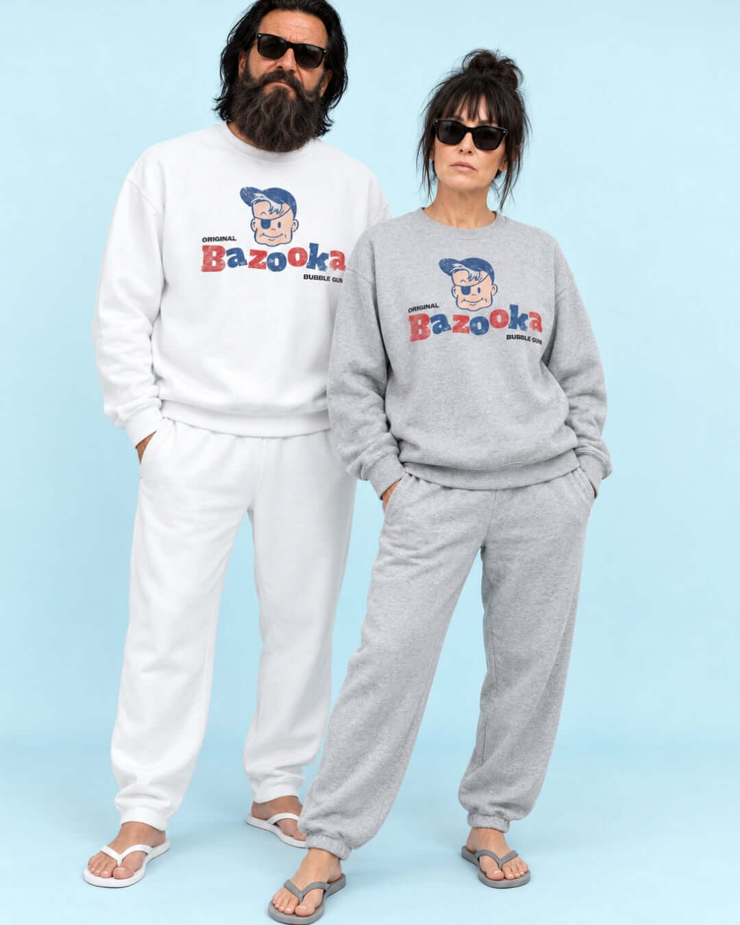Walter and Helga wearing Bazooka Joe Club Soft Sweaters in White and Sport Grey