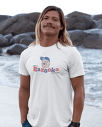 BAZOOKA JOE T-SHIRT worn by a model at the beach, showcasing vintage bubble gum nostalgia and classic 80's charm.