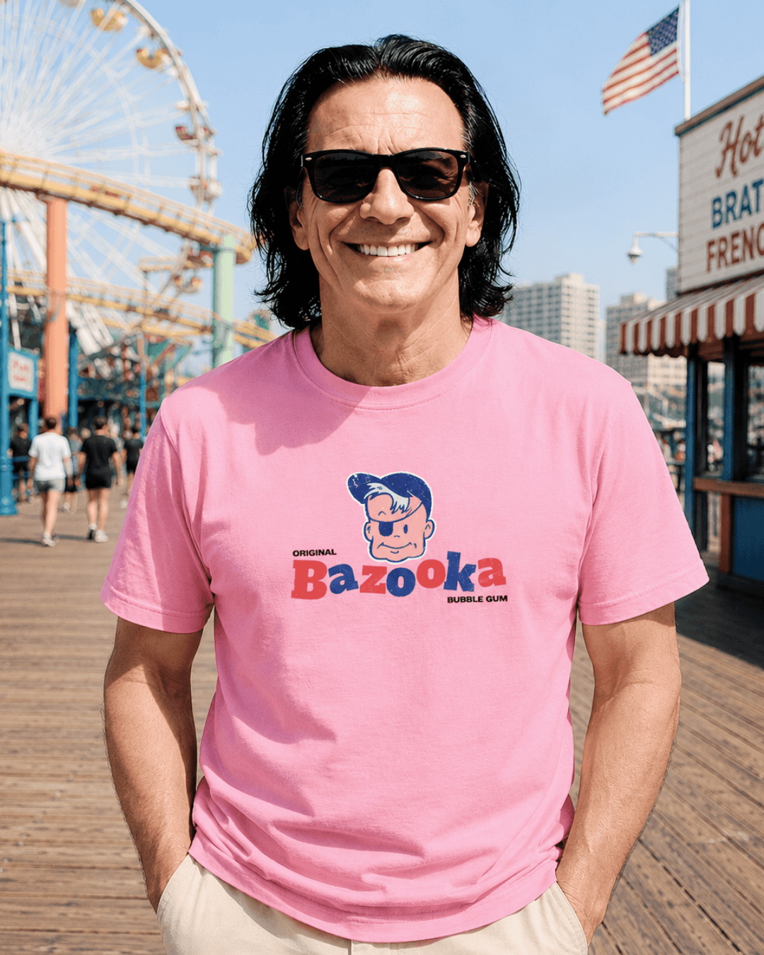 Man happily wearing a Bazooka Joe T-Shirt | Retro Bubblegum Legend on the boardwalk.