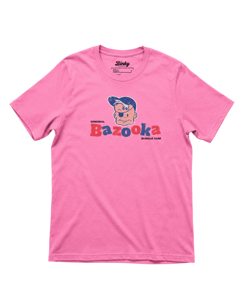 Bazooka Joe T-Shirt | Retro Bubblegum Legend in pink color featuring iconic character design.