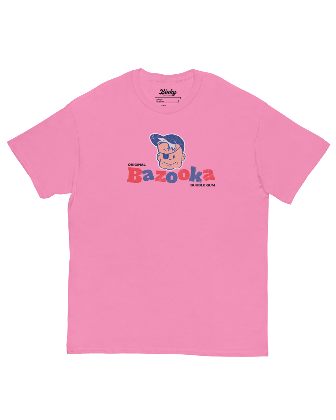 Bazooka Joe T-Shirt | Retro Bubblegum Legend in Azalea color showcasing original Bazooka graphic by Binky Comfywear.