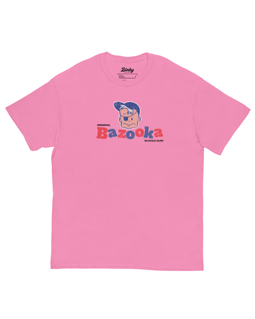Bazooka Joe T-Shirt | Retro Bubblegum Legend in Azalea color showcasing original Bazooka graphic by Binky Comfywear.