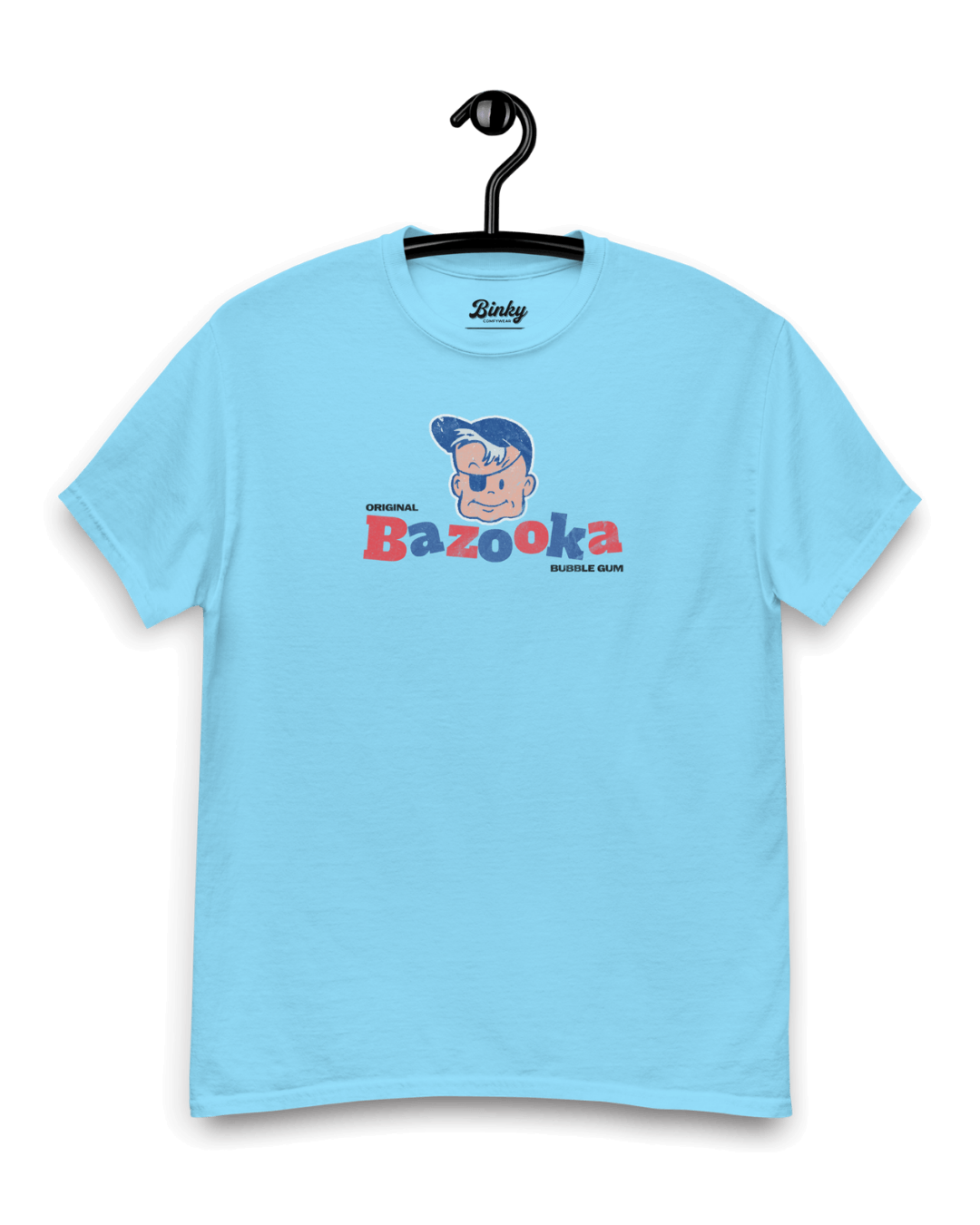BAZOOKA JOE T-SHIRT | RETRO BUBBLEGUM LEGEND, light blue t-shirt featuring iconic Bazooka Joe graphic.