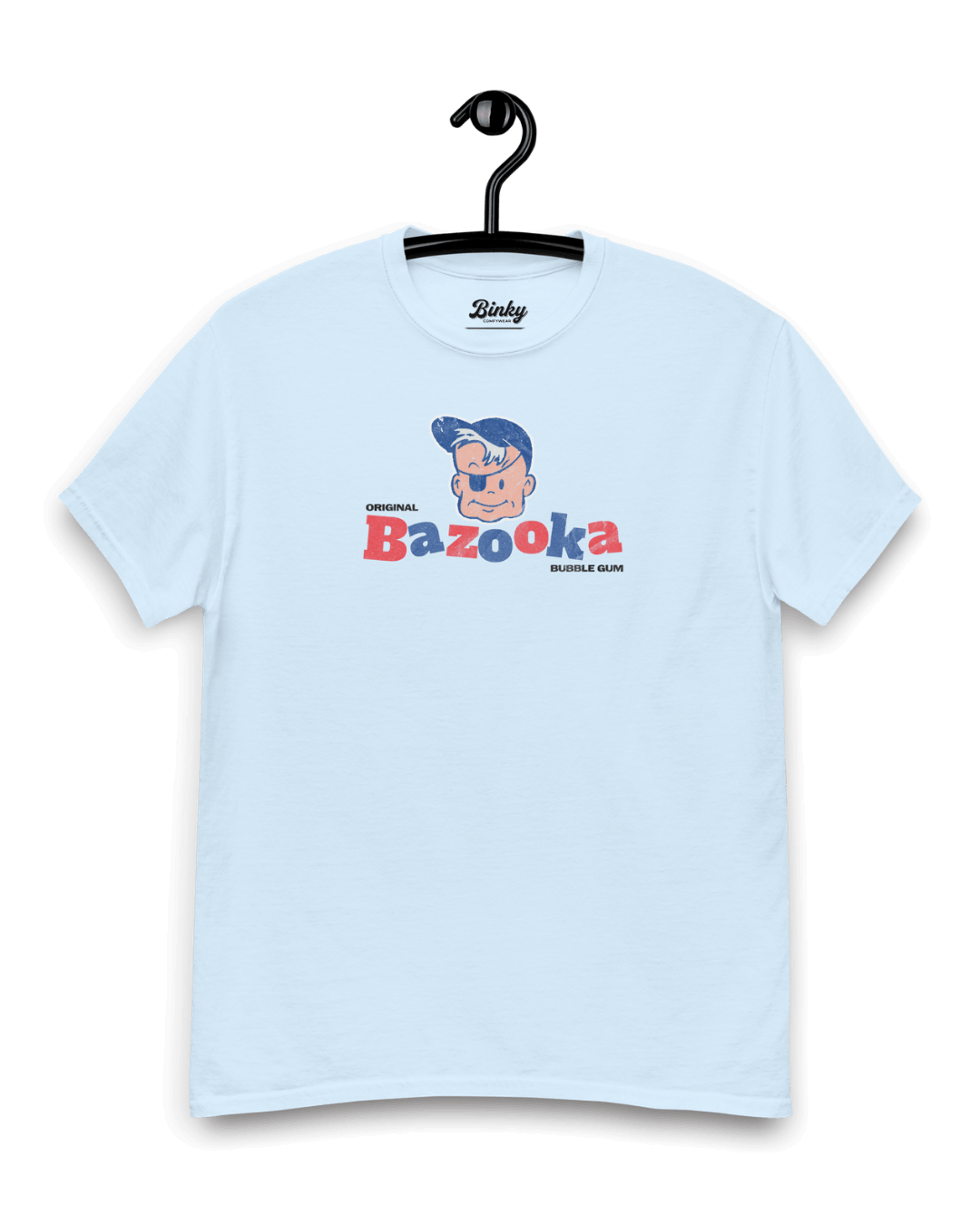 BAZOOKA JOE T-SHIRT | RETRO BUBBLEGUM LEGEND featuring iconic character design on a light blue shirt.