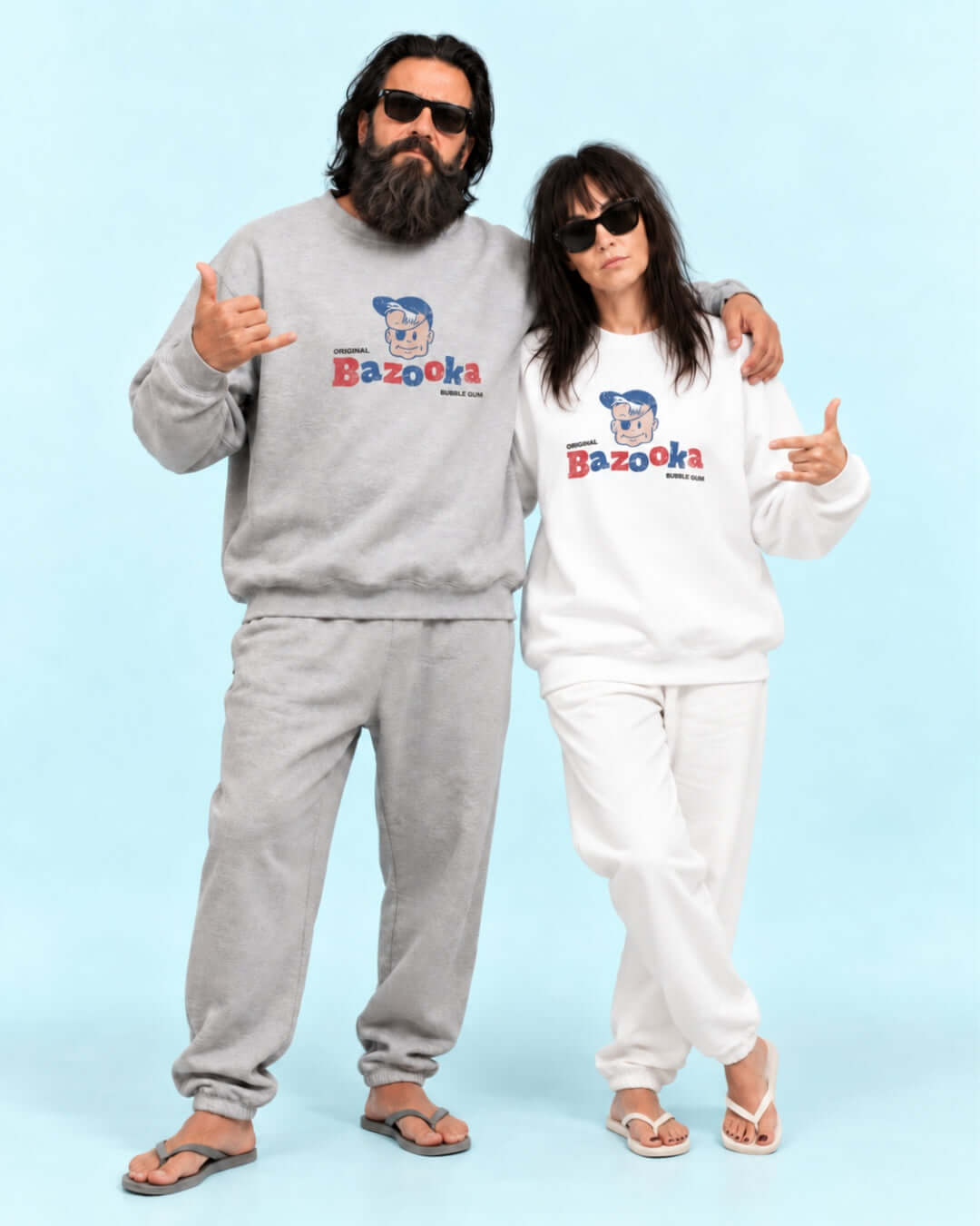 walter and helga wearing the bazooka joe heavy sweater in white and heather grey