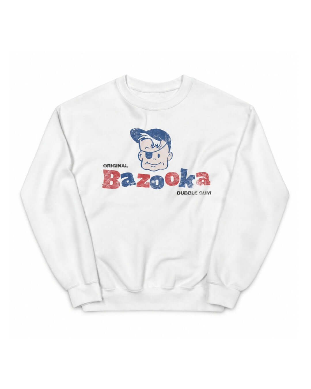Bazooka Joe Club Soft Sweater in White with vintage red and blue bubble gum graphic, front view