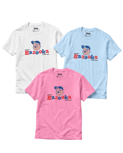 Bazooka Joe T-Shirt | Retro Bubblegum Legend collection featuring pink, white, and blue tees with retro graphic design.