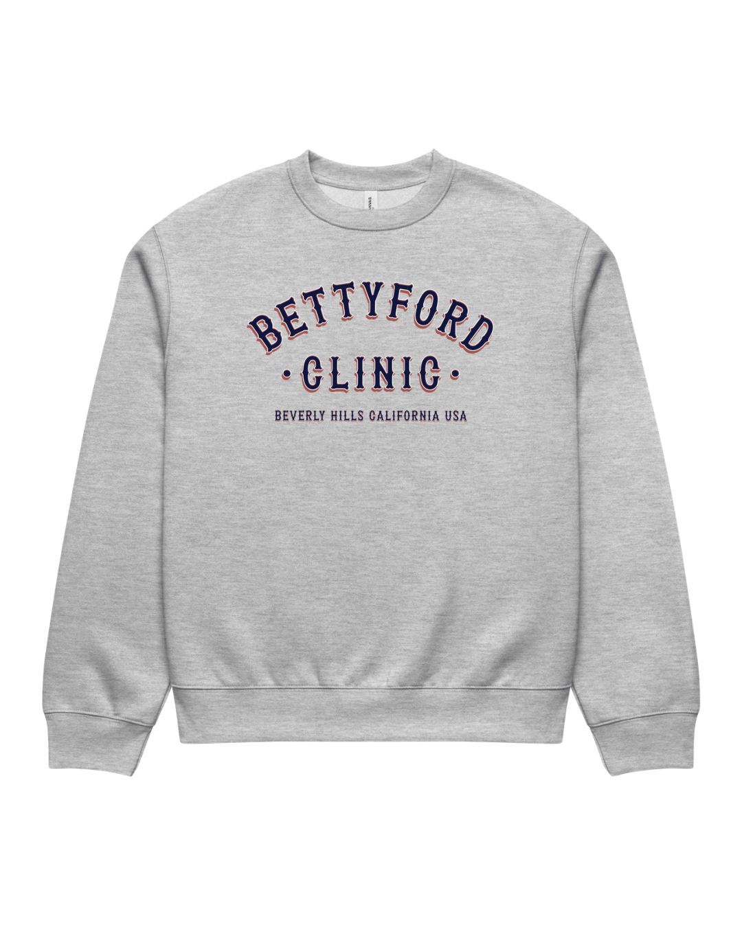 Betty Ford Clinic RWB Heavy Sweater in Athletic Heather, front view with oversized fit and red, white and navy varsity graphic.