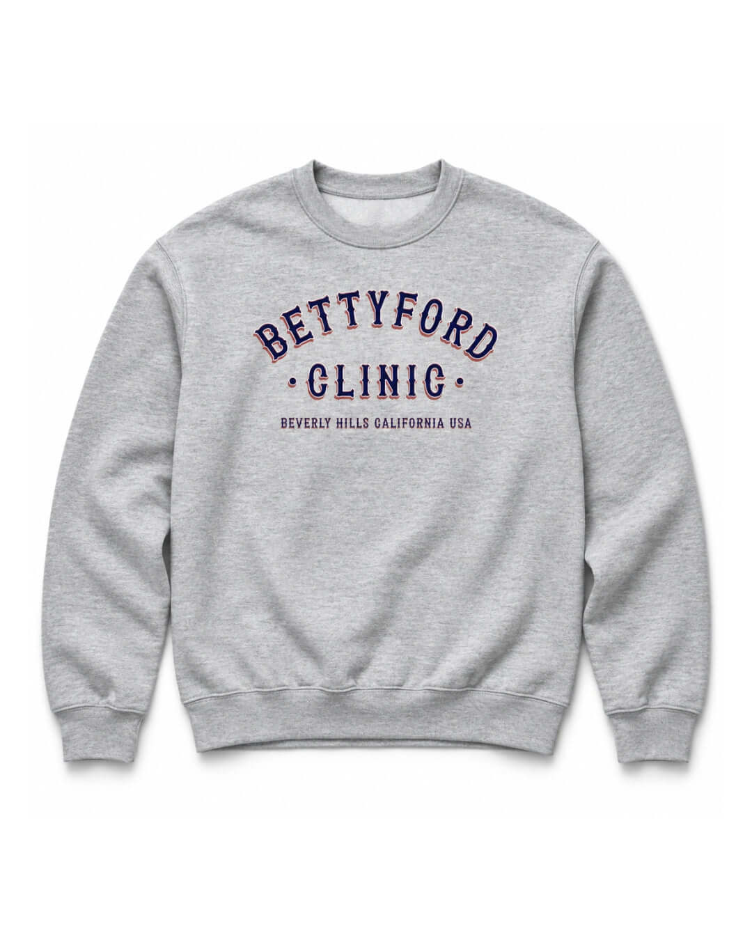 BINKY Betty Ford Clinic RWB Heavy Sweater in Athletic Heather, front view with red, white and navy varsity graphic.