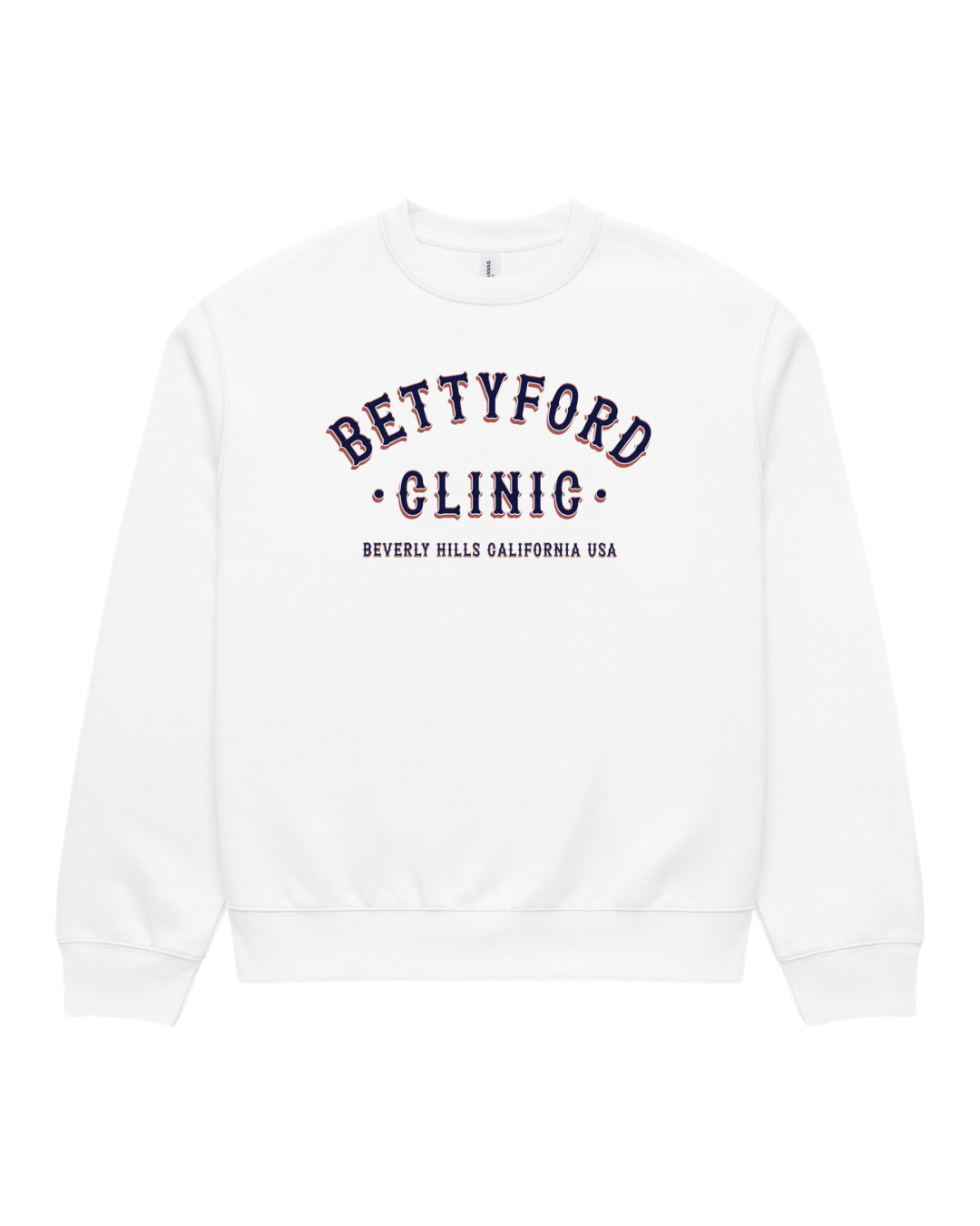 Betty Ford Clinic RWB Heavy Sweater in White, front view showing the oversized heavyweight fit and red, white and navy varsity print.