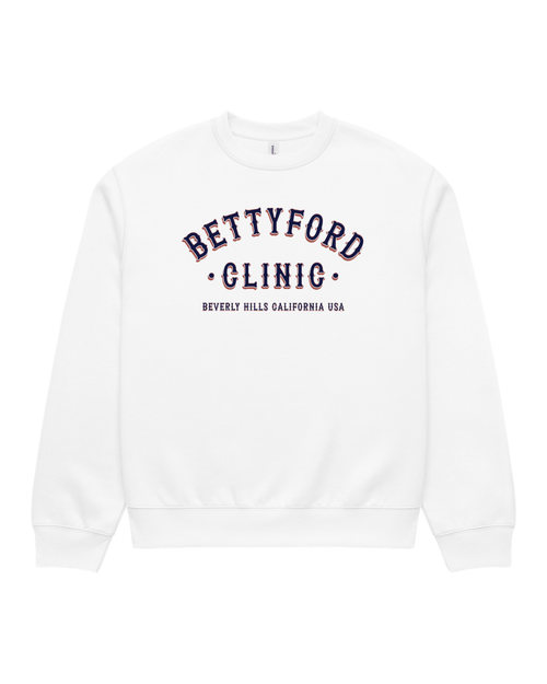 BINKY Betty Ford Clinic RWB Heavy Sweater in White, front view with red, white and navy varsity graphic.
