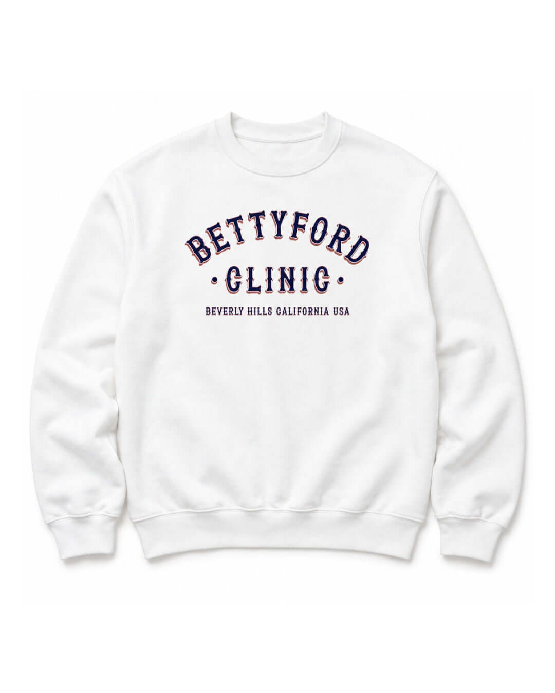 BINKY Betty Ford Clinic RWB Heavy Sweater in White, front view with red, white and navy varsity graphic.