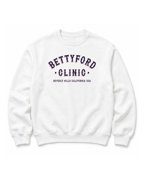 BINKY Betty Ford Clinic RWB Heavy Sweater in White, front view with red, white and navy varsity graphic.